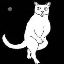 A white cartoon cat,standing up holding it's groin area; looking very stressed. Background is black.