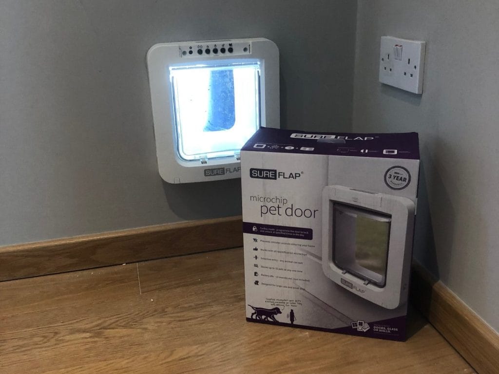 Sureflap pet door in corner of wall