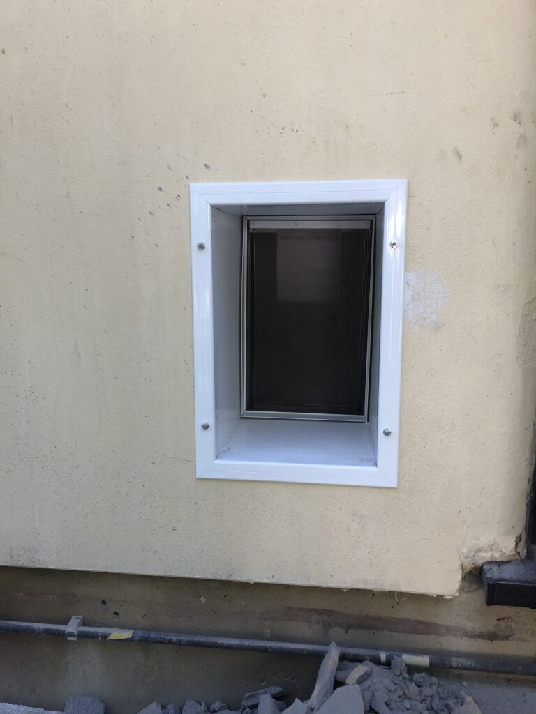 White aluminium medium pet door installed in a magnolia-painted rendered wall
