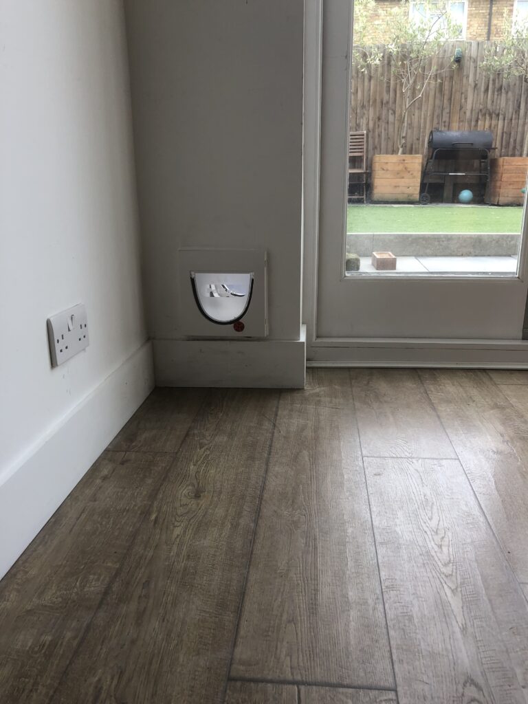 Cat flap fitted in a plastered wall next to glass-doors, with view of garden