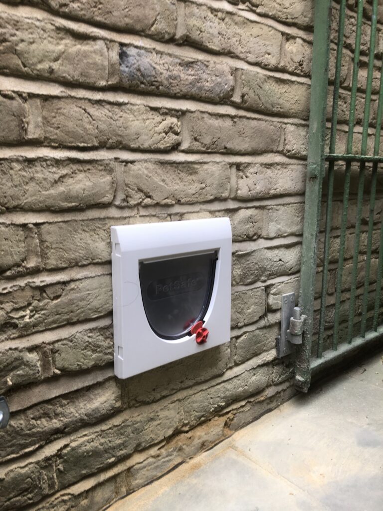 cat flap fitted into a weathered brick wall