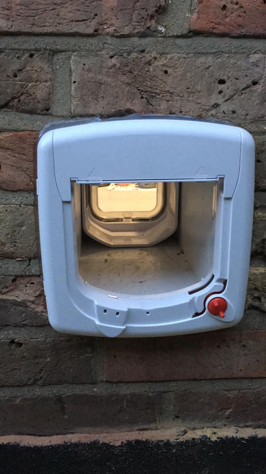 white cat flap with red knob, fitted in a weathered, brick wall