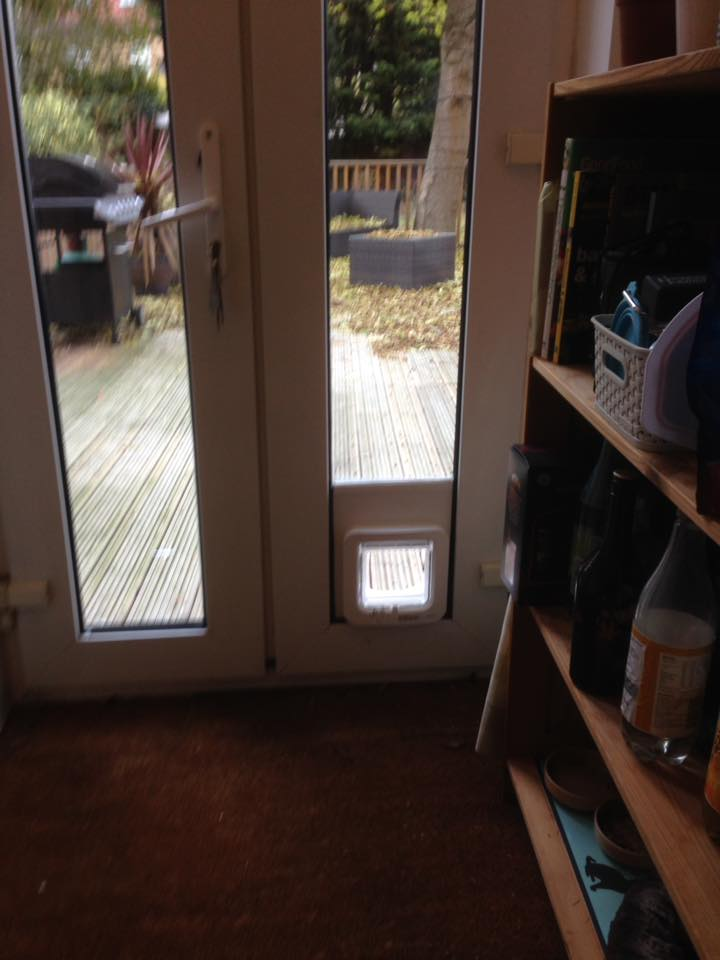 Www.catflapfitter.co.uk invented this for cat flaps to be fitted in glass that's to small in the width