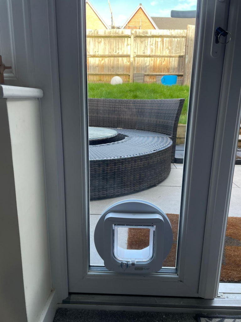 Sureflap microchip-activated cat flap fitted in UPVC French doors, with view of garden