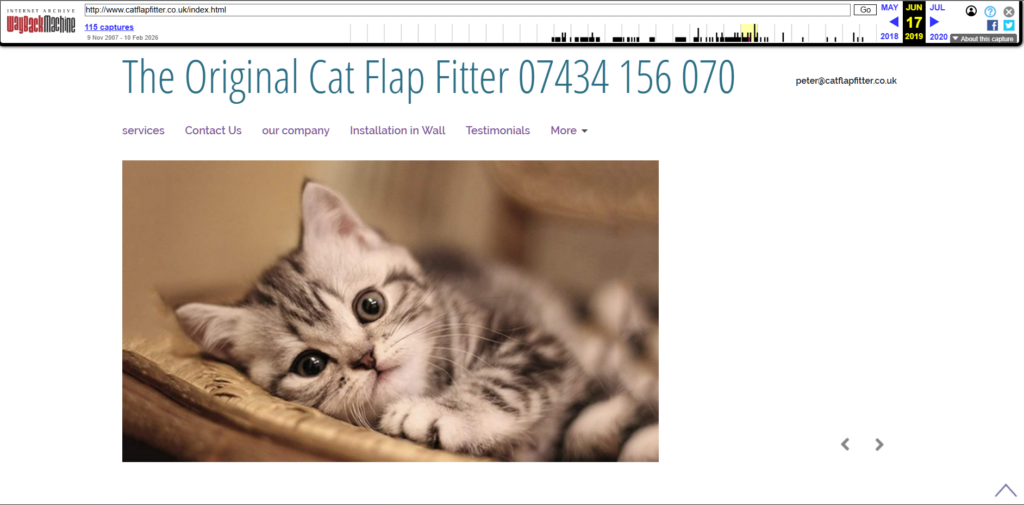  Grey tabby kitten relaxed with a header saying The original cat flap fitter and contact details; from 2019